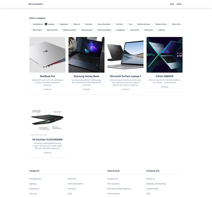 The Shop page