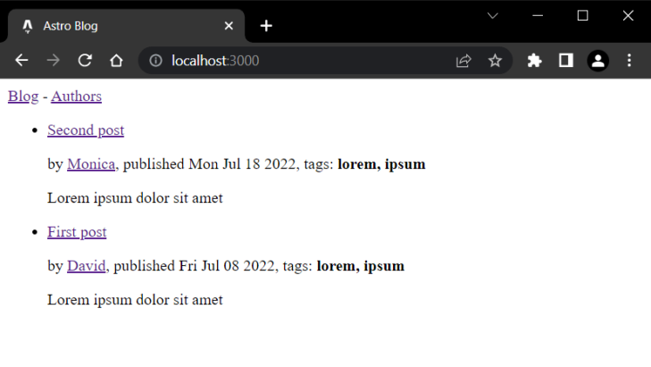 Astro Project Frontend Showing Simple Blog Listing Without Styling. Listing Contains Two Sample Posts With Author Name, Publication Date, Tags, And Lorem Ipsum Dummy Text In Place Of Article Summary