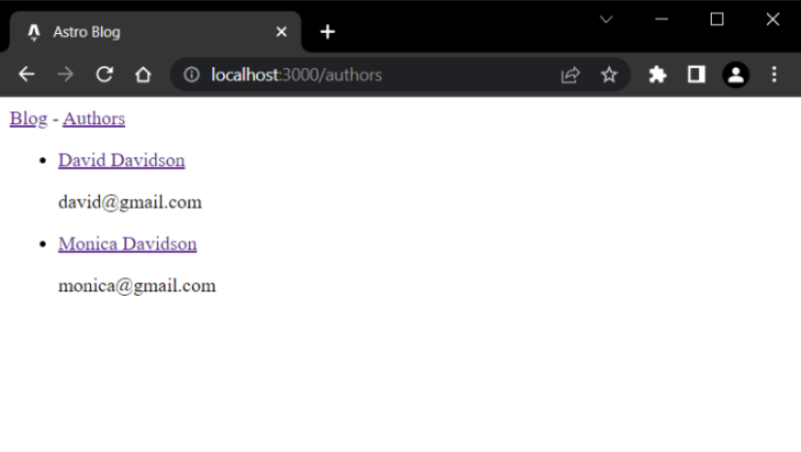 Astro Project Frontend Showing Simple Author Listing Without Styling. Listing Contains Two Sample Authors With Author Name And Contact Information