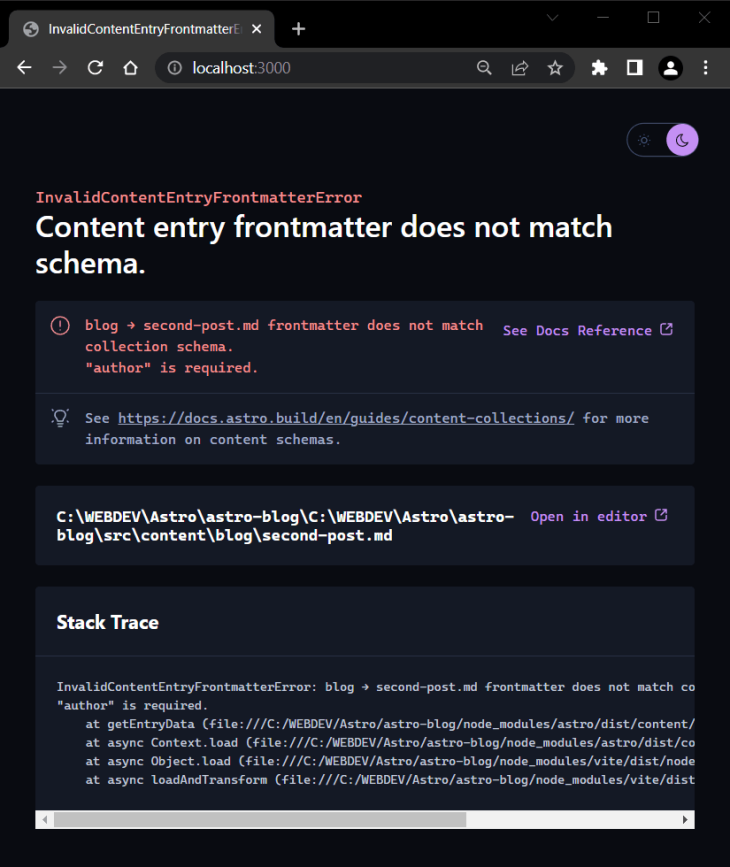 Demo Of Astro Error Handling With Content Collections Api Showing Example Error Message And Details