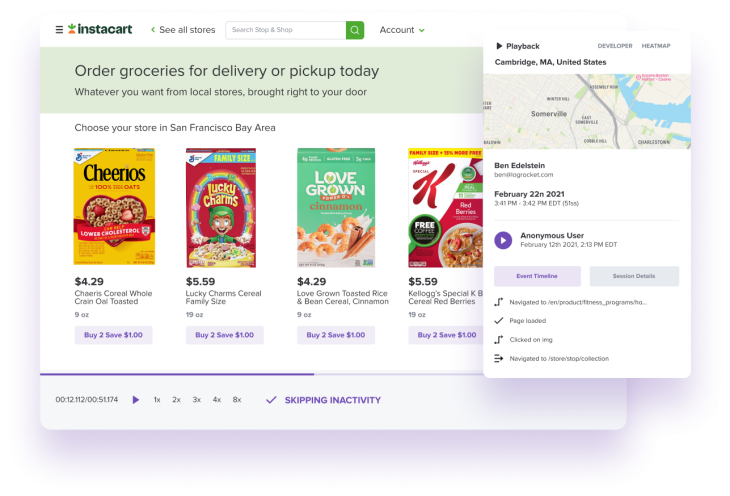 LogRocket Session Replay Example: Instacart