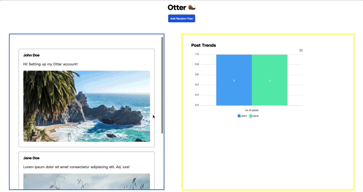 Final Sveltris App Showing Social Dashboard Using React And Svelte For Different Parts Of Application. User Shown Scrolling Through Posts On Left And Adding New Random Posts With Button At Top. Bar Graph On Right Updates With Each New Post Added To Show Post Count Per Author