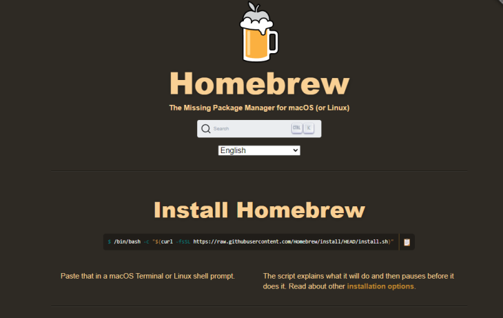 Homepage For Homebrew Mac Package Manager With Search Bar And Installation Command