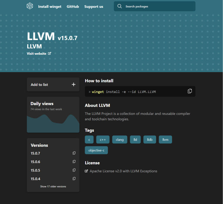 First Search Result For Llvm On Winget Run Site For Package Search And Details