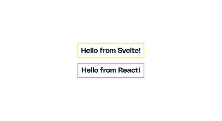 Simple Svelte In React App Built With Sveltris Showing Svelte Component In Yellow Box And React Component In Purple Box
