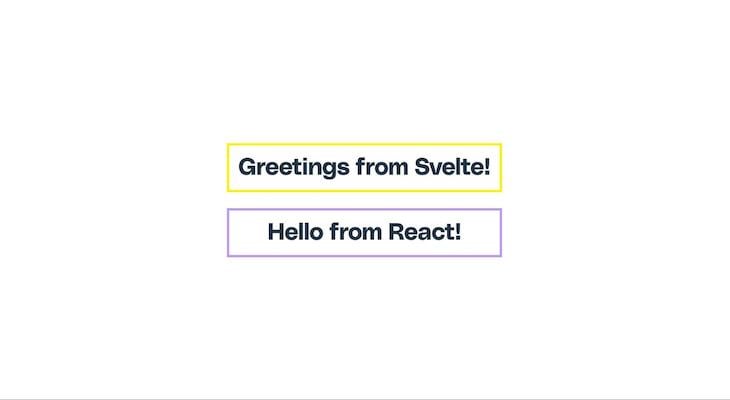 Simple Svelte In React App Built With Sveltris Showing Re-Rendered Svelte Component In Yellow Box And React Component In Purple Box