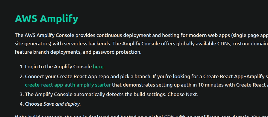 official create react app documentation list