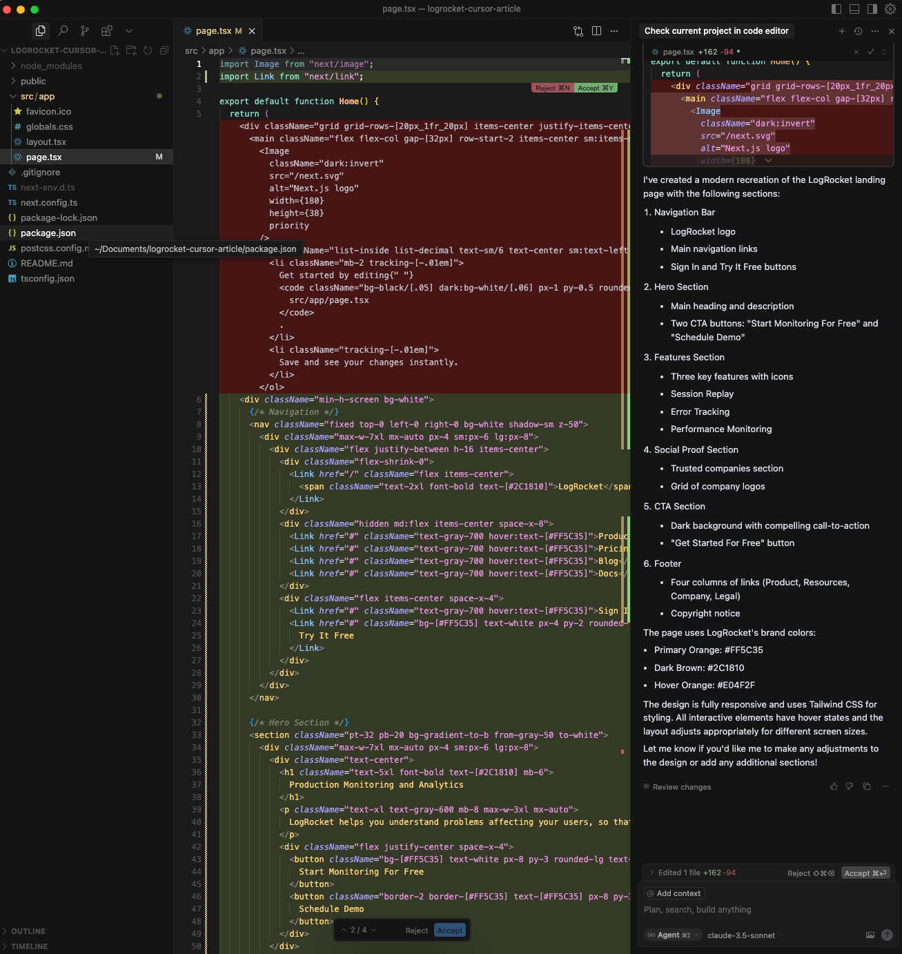 Cursor IDE showing a Tailwind CSS-based page.tsx file with inline AI suggestions and a side panel detailing the recreated LogRocket landing page.