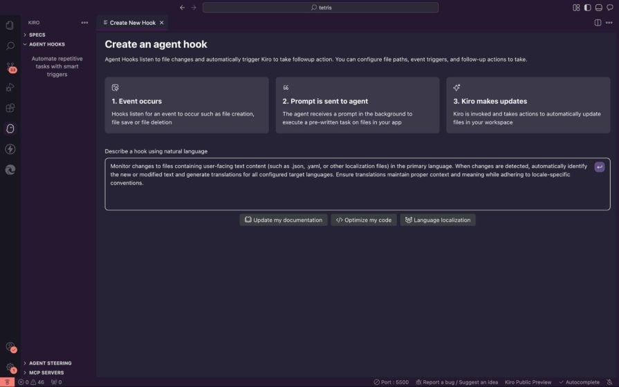 create agent hook in kiro