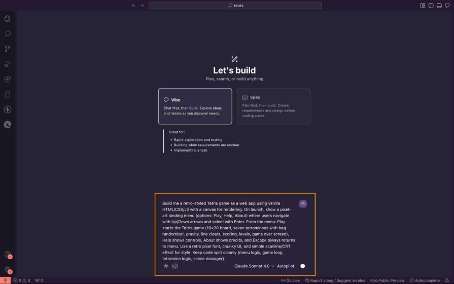 prompting vibe mode in kiro