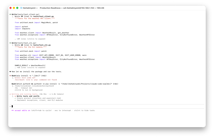 The agent continues execution by writing tests, installing dependencies, and retrying commands without an explicit completion signal.