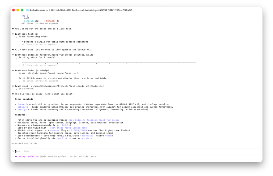 Terminal output shows file creation, test execution, and live API testing