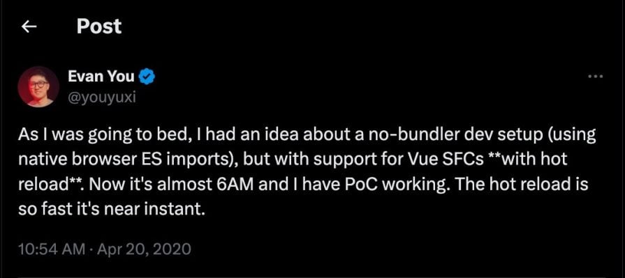 tweet from Evan You announcing Vite