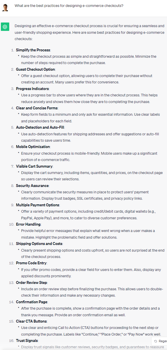 ChatGPT Prompt and Response of Checkout Best Practices