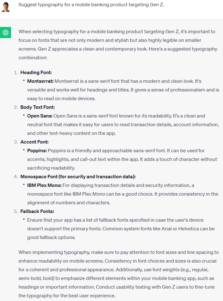 ChatGPT Prompt and Response to Suggest Typography