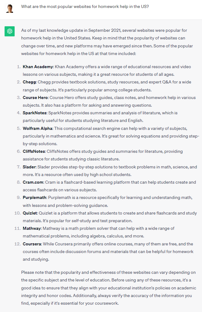 ChatGPT Prompt and Response to Suggest Most Popular Homework Websites