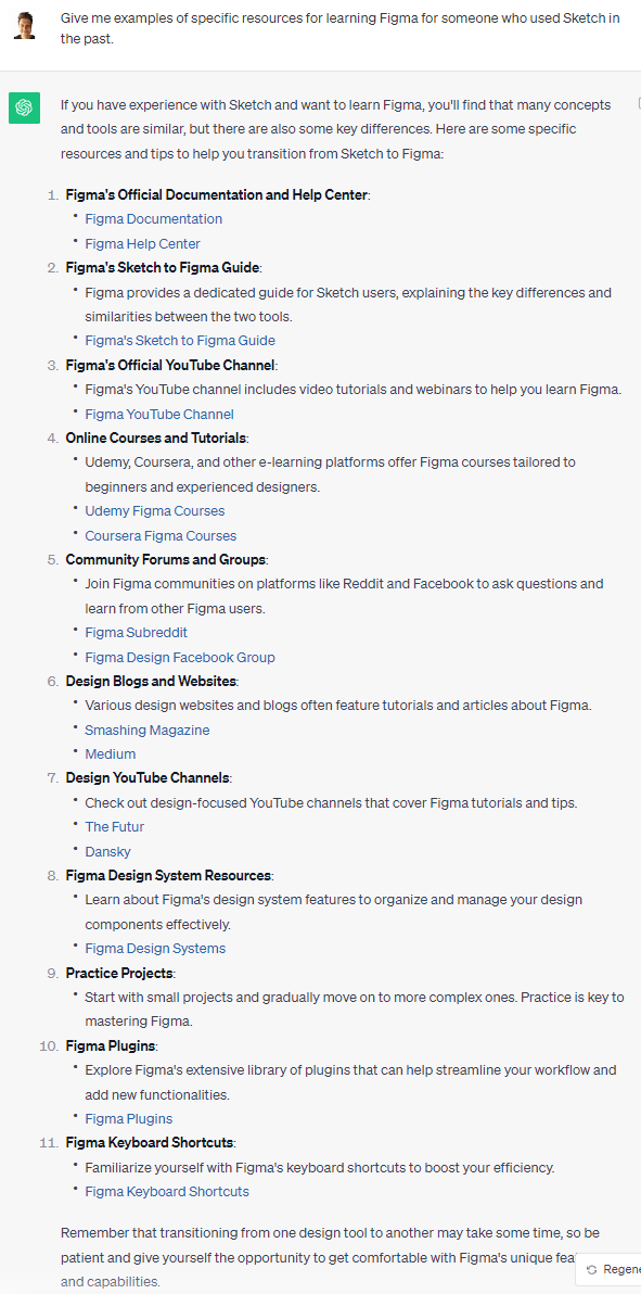 ChatGPT Prompt and Response of Figma Learning Resources