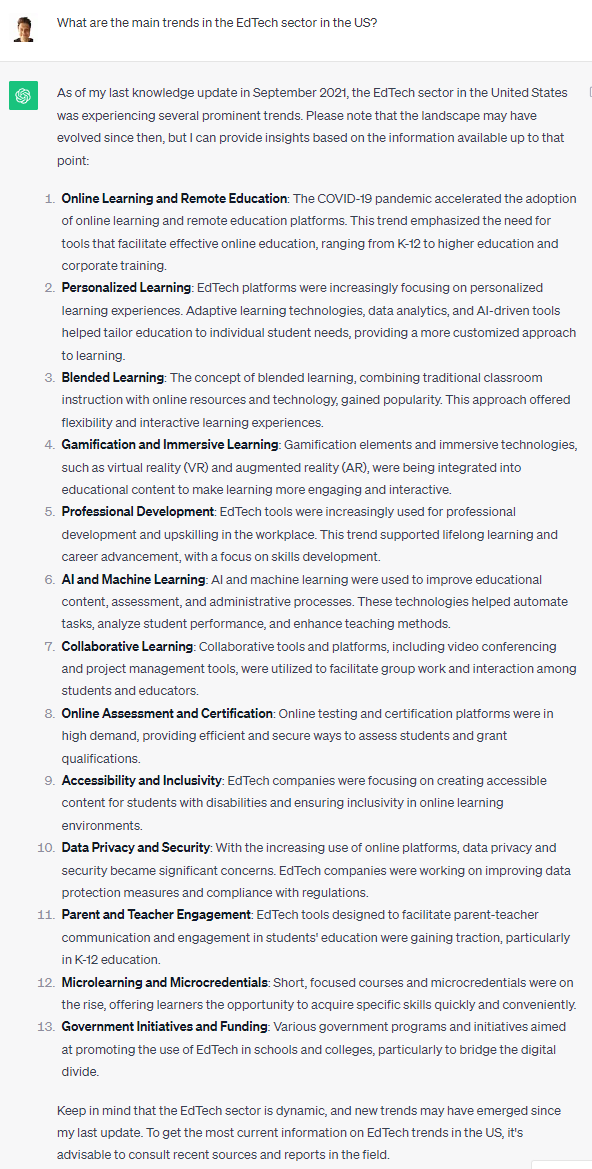 ChatGPT Prompt and Response to Highlight Main Trends in EdTech