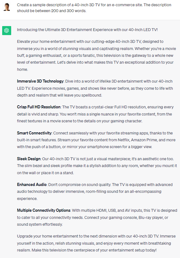 ChatGPT Prompt and Response to Write Sample Descriptions