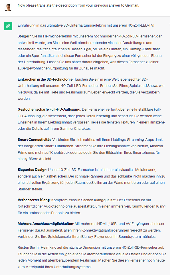 ChatGPT Prompt and Response to Translate Descriptions