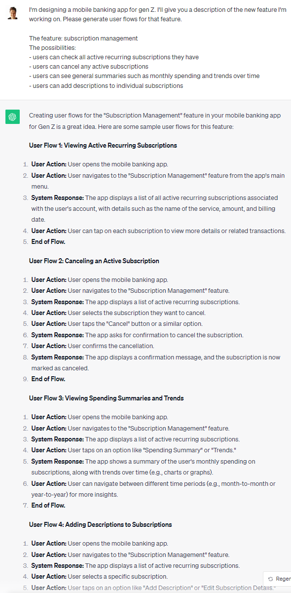 ChatGPT Prompt and Response to Create User Flows