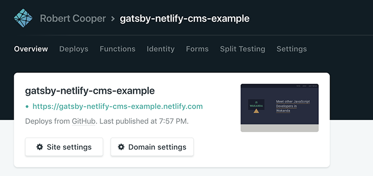 The domain for the deployed web app is display in the overview section of the Netlify dashboard