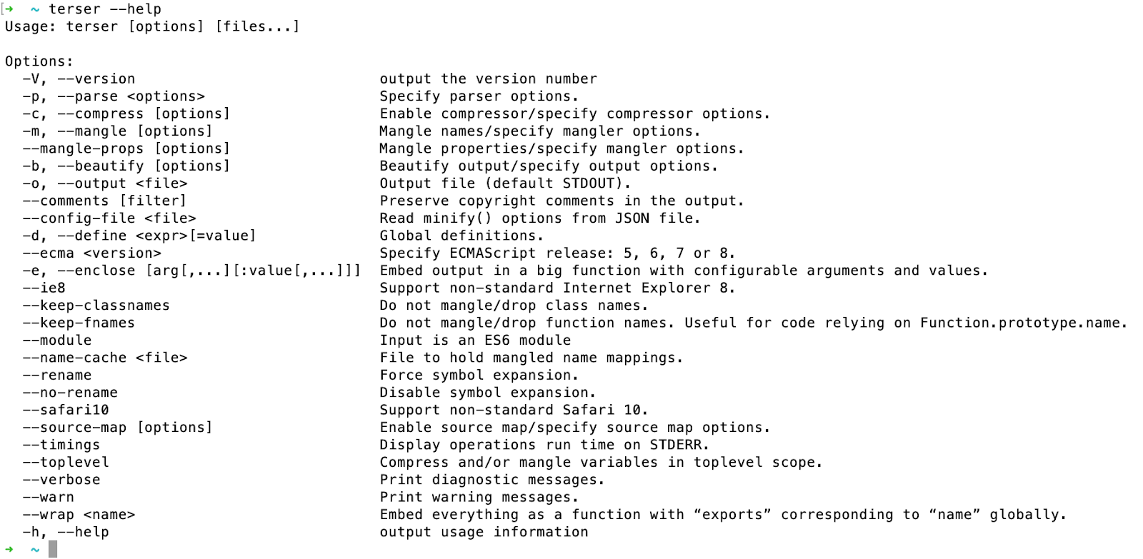 Terser Command Line Options