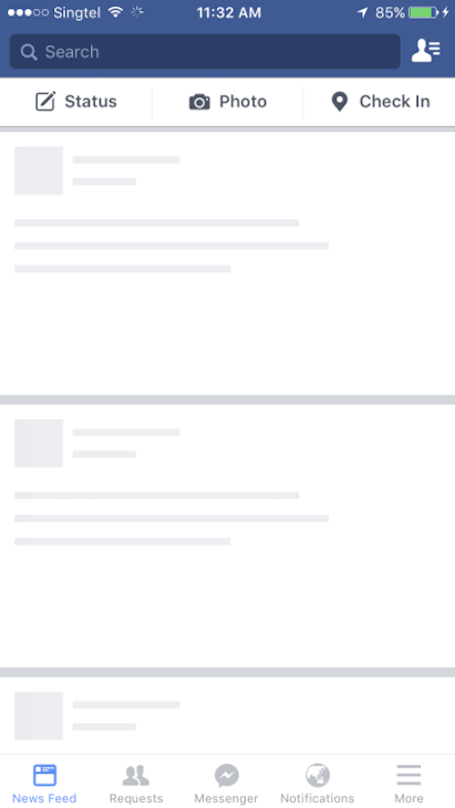 A Facebook Page With A Skeleton UI, Shows A Search Bar At The Top With the Outlines Of Posts On The Main Page In Grey With A White Background