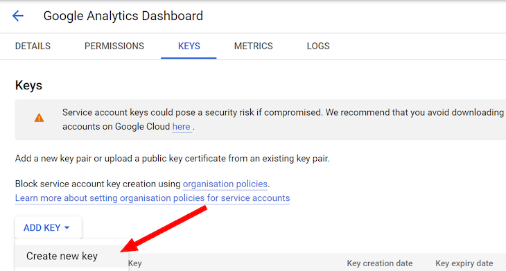 Create New Key Google Analytics Dashboard