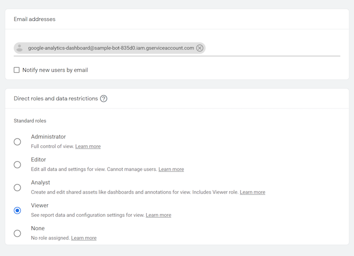 Add New User Email Google Analytics API