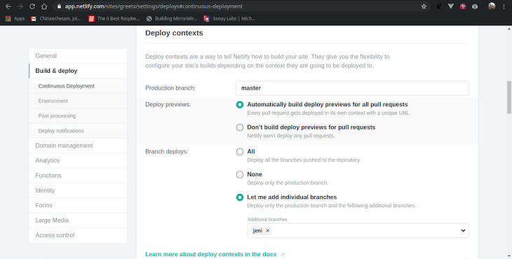 Build and Deploy Settings in Netlify