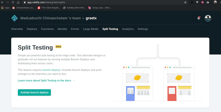 Split Testing Branch Deploys Activation in Netlify