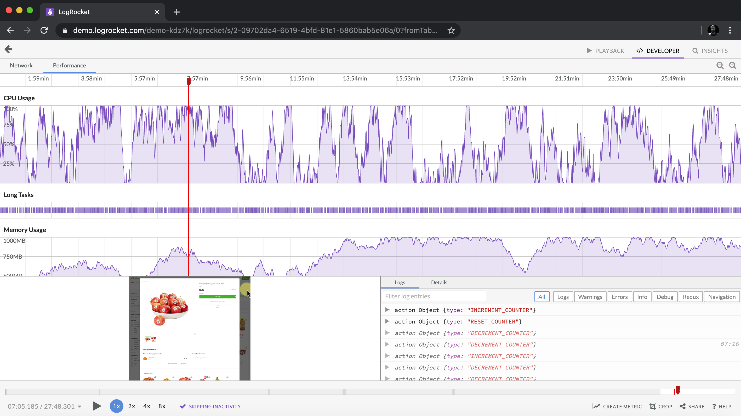 LogRocket Dashboard Kostenlose Testversion Banner