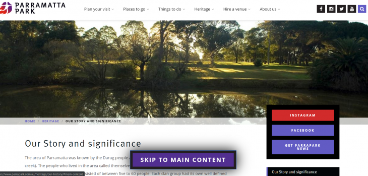 "Skip to Main Content" Button on the Parramatta Park Website
