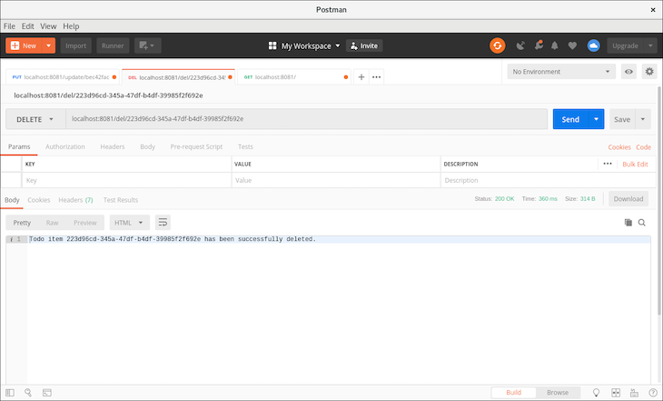 Deleted Item in To-Do App to Test nanoSQL-Powered API in Postman