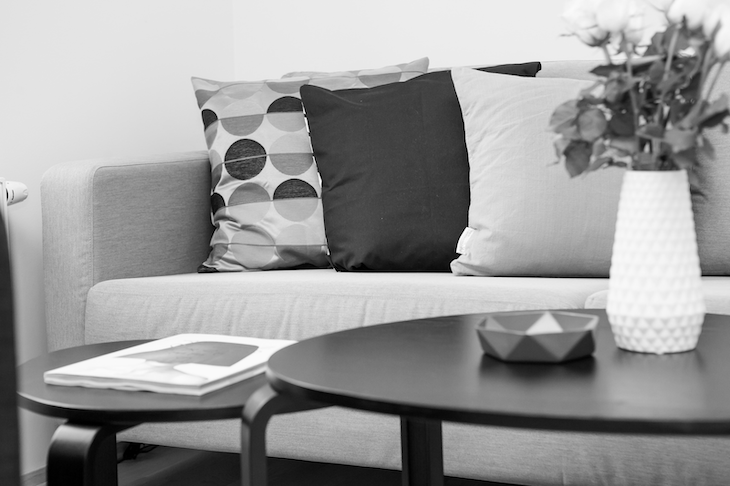 Grayscale Image of a Sofa, Coffee Table, and Pillows