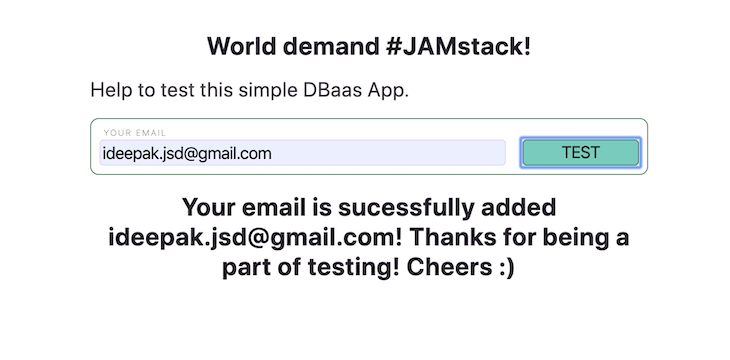 Successfully Submitted Email Form to Test DBaaS App