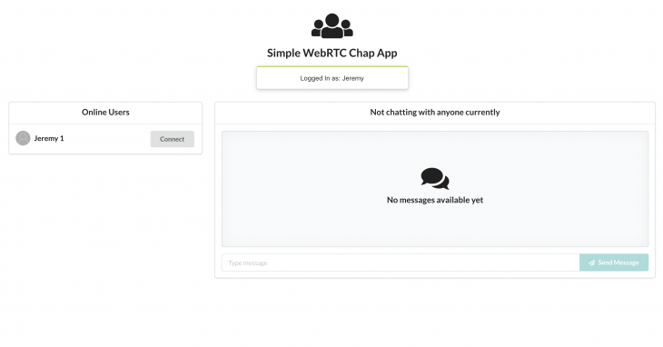 An example of a completed simple WebRTC chat app before being connected to other users.