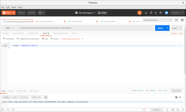 Updated Item in To-Do App to Test nanoSQL-Powered API in Postman