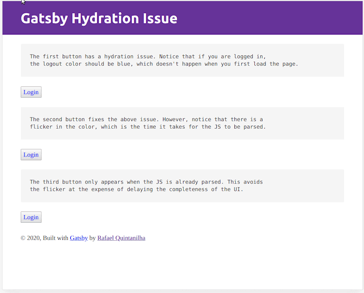 A gif displaying what the Gatsby hydration issue looks like. 