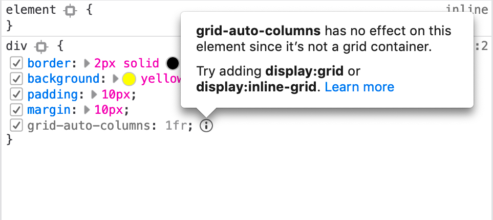 Example of an inactive CSS grid property used on a non grid container