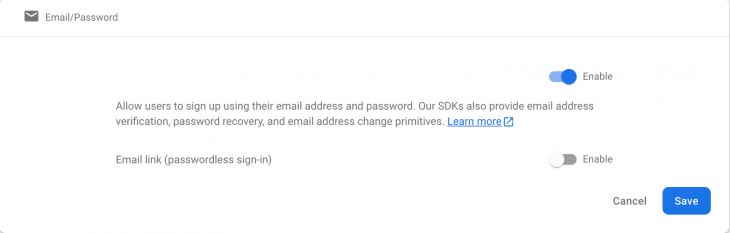 Email and Password Options in Firebase