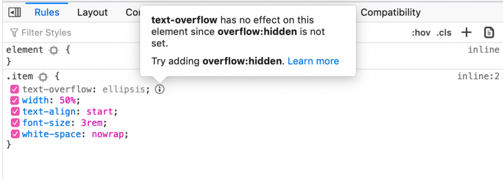 Example of an inactive text-overflow property used without overflow:hidden