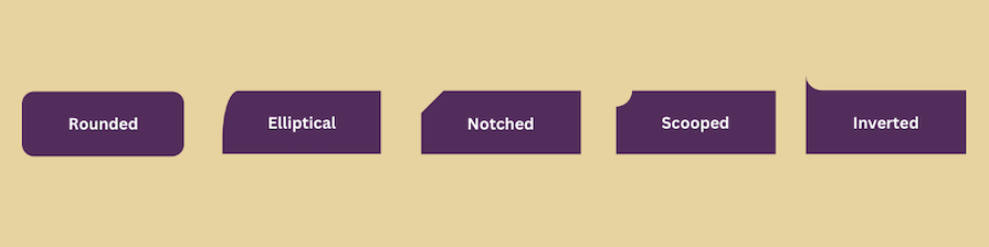 Preview Of The Five Types Of Fancy Corners In Css: Rounded, Elliptical, Notched, Scooped, And Inverted