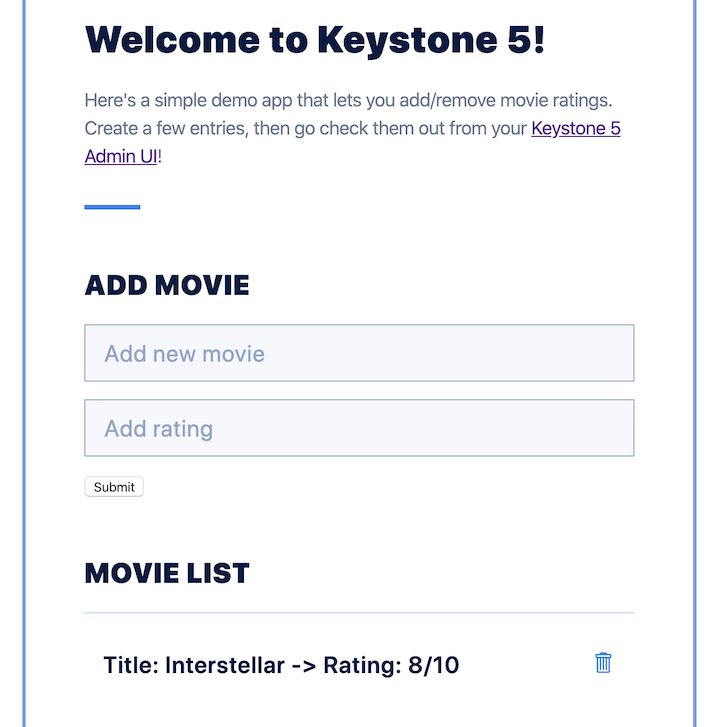 Rendered Interface for Keystone.js Movie Rating App