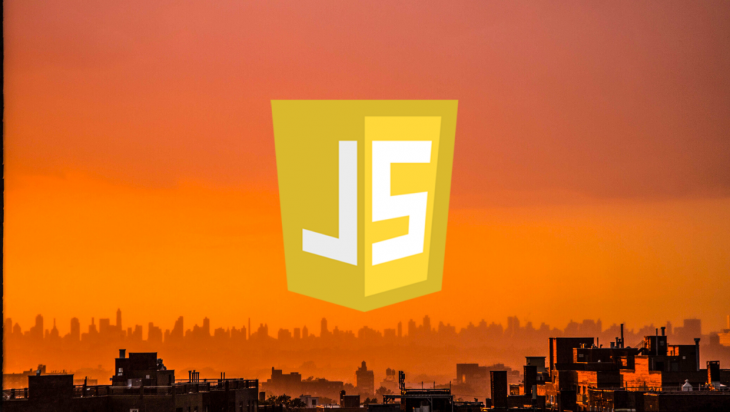 JavaScript logo against an orange sky.