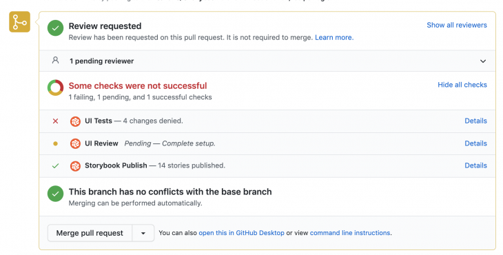 Chromatic UI test status displayed on Pull Request on GitHub