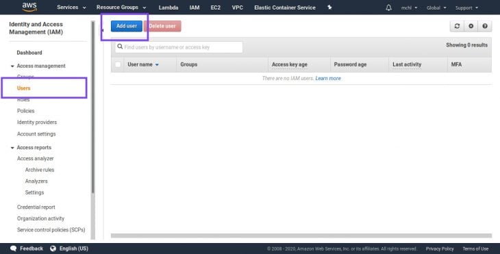 Screenshot of IAM users’ home page