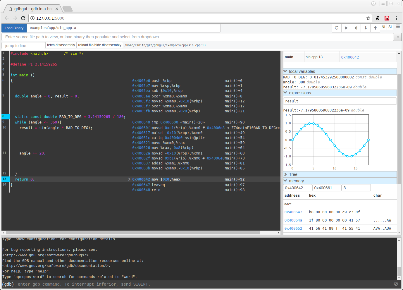 gdb debugger browser based frontend