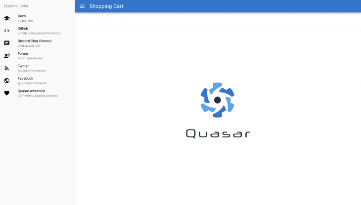 dashboard with quasar logo and the words shopping cart in the header